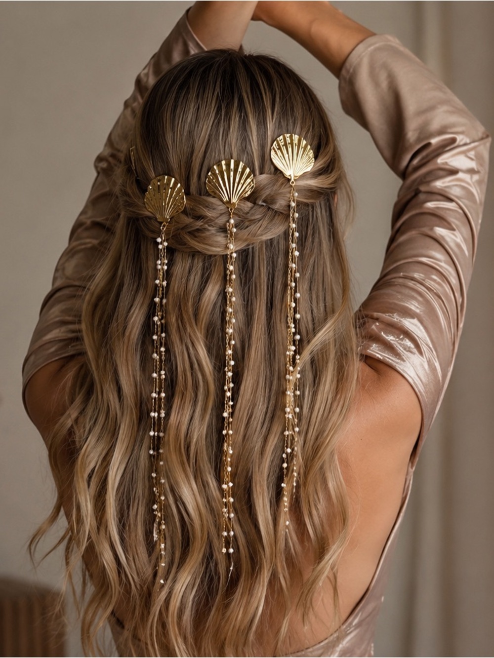 Gold Seashell Pearl Tassel Hair Clip Bridal Beach Mermaid Hair Accessory